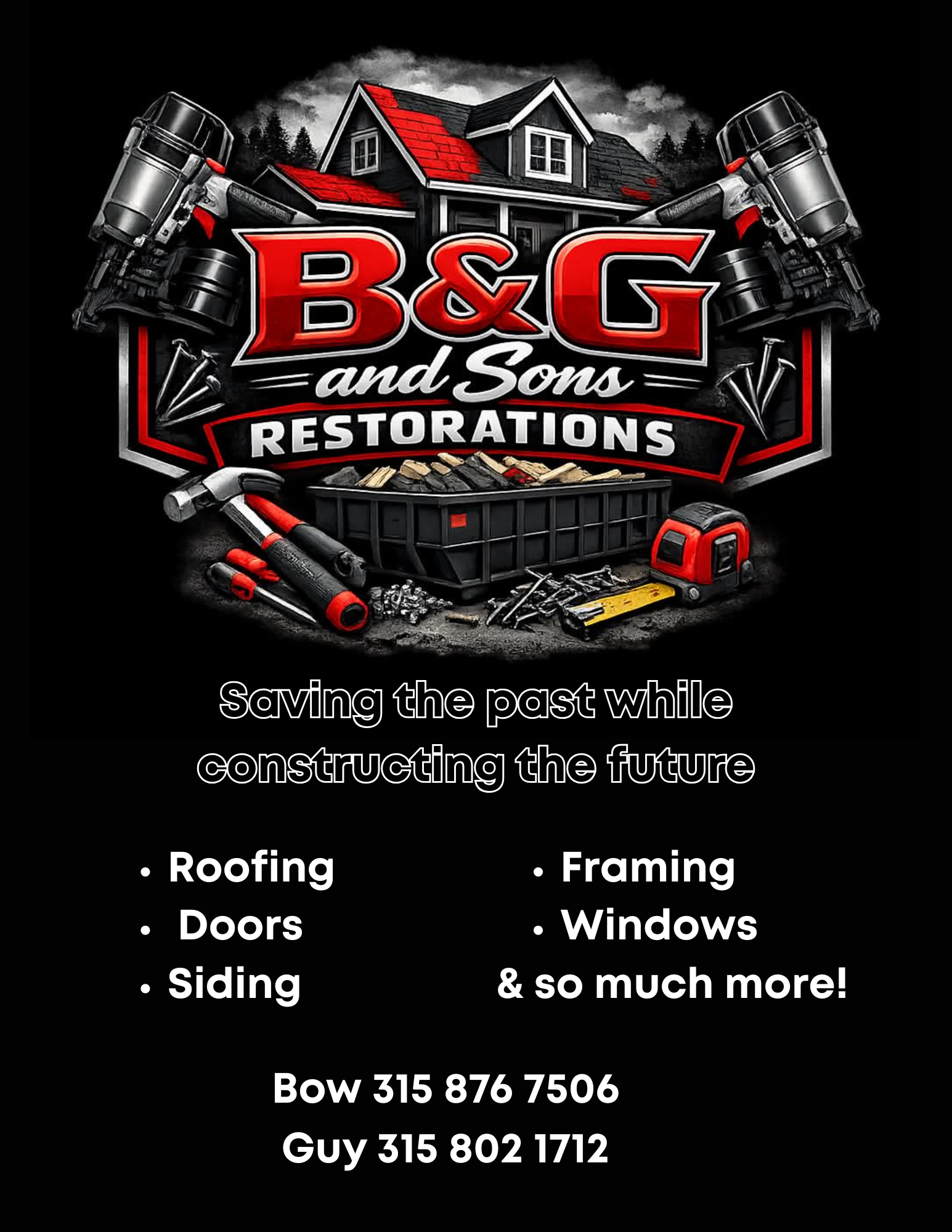 B&G and Sons Restorations flyer with services and phone number